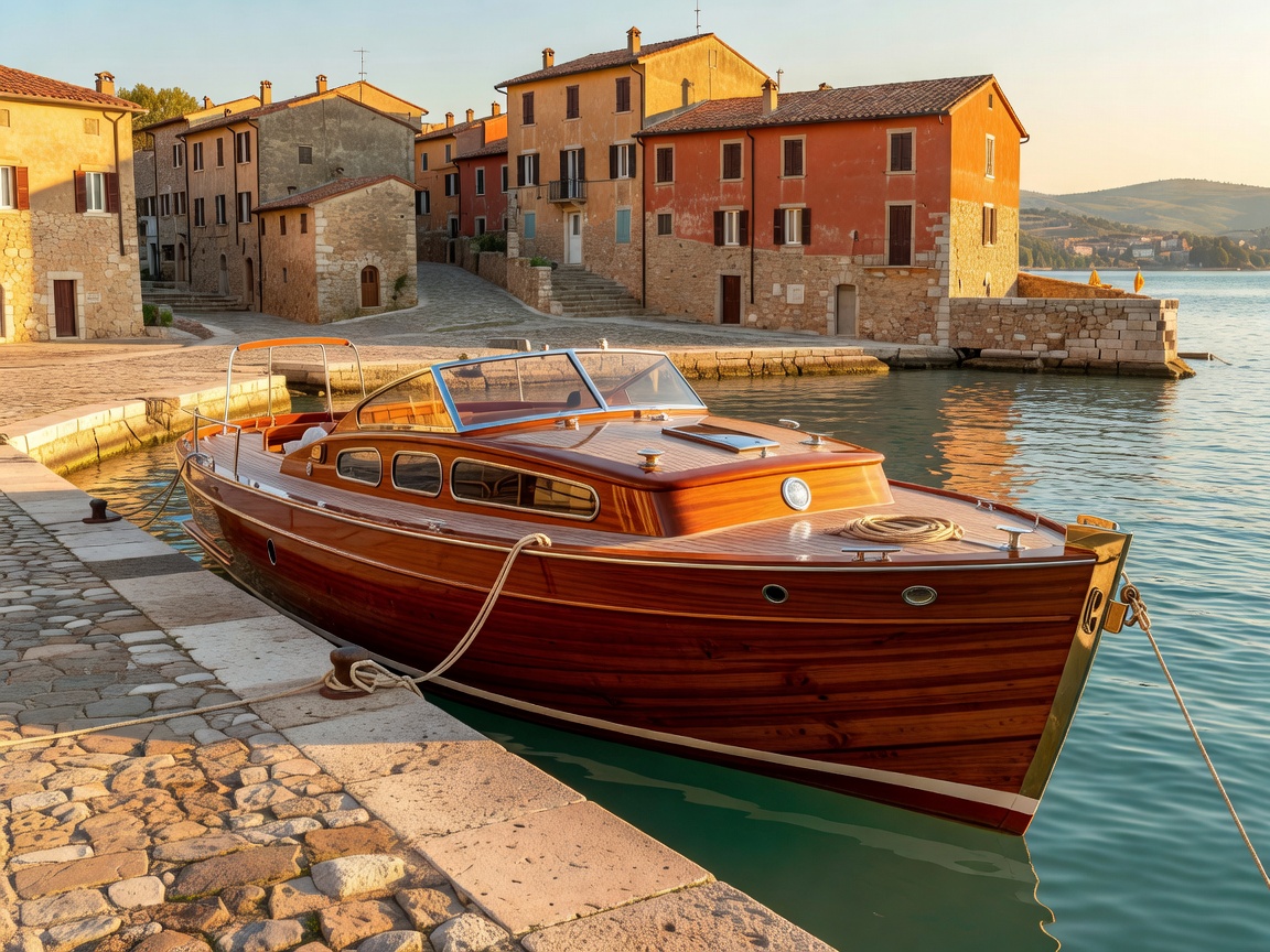 Classic wooden motor yacht with varnished brightwork alongside a Tuscan quay