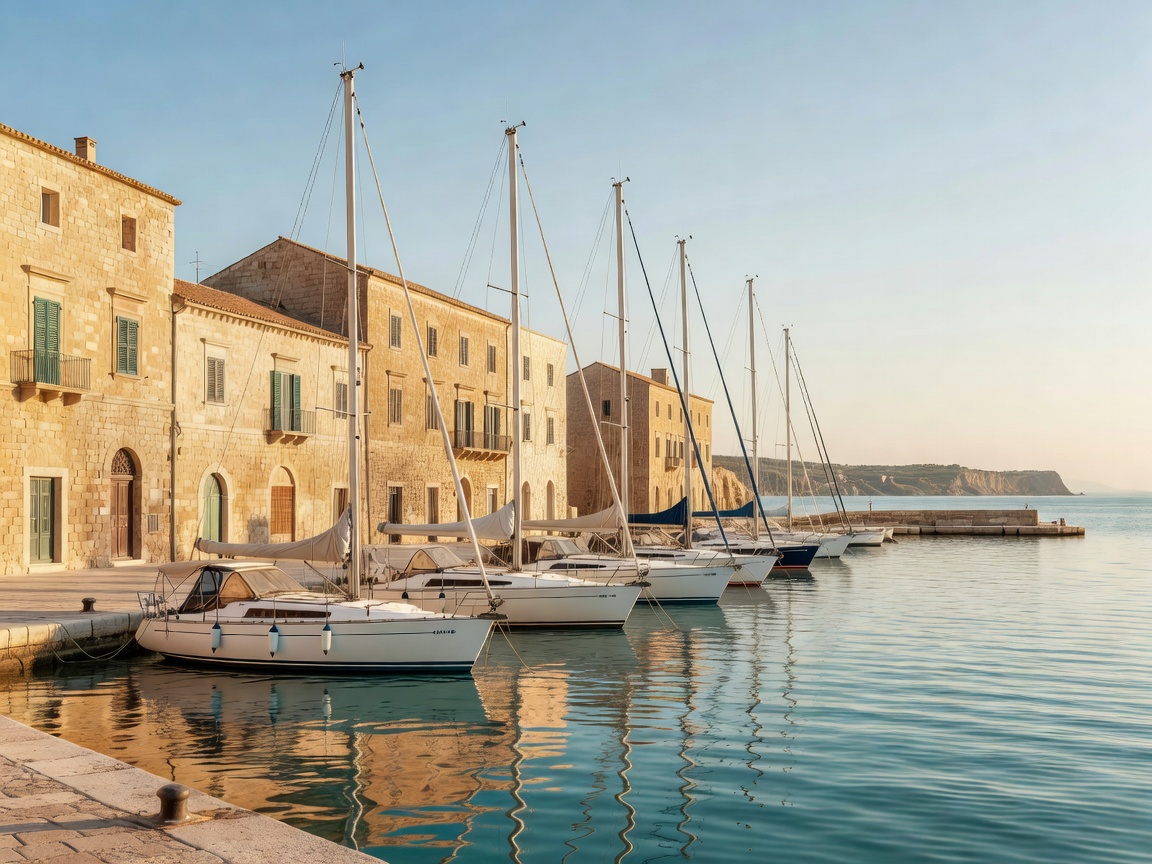 Cruising sailboats moored in a Sicilian harbour beside honey-coloured stone buildings