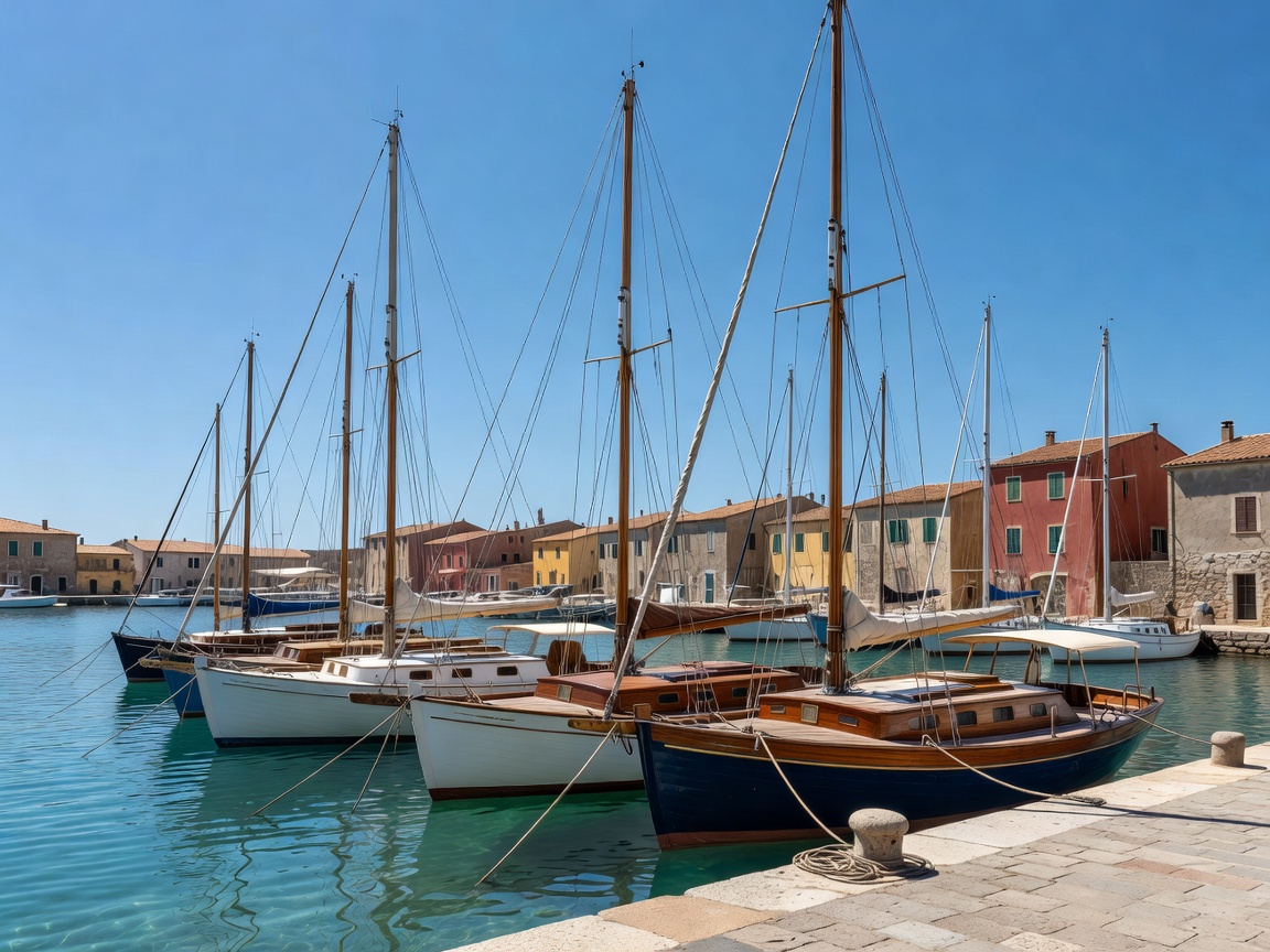 Older sailing yachts moored stern-to in a Sardinian marina under a clear sky