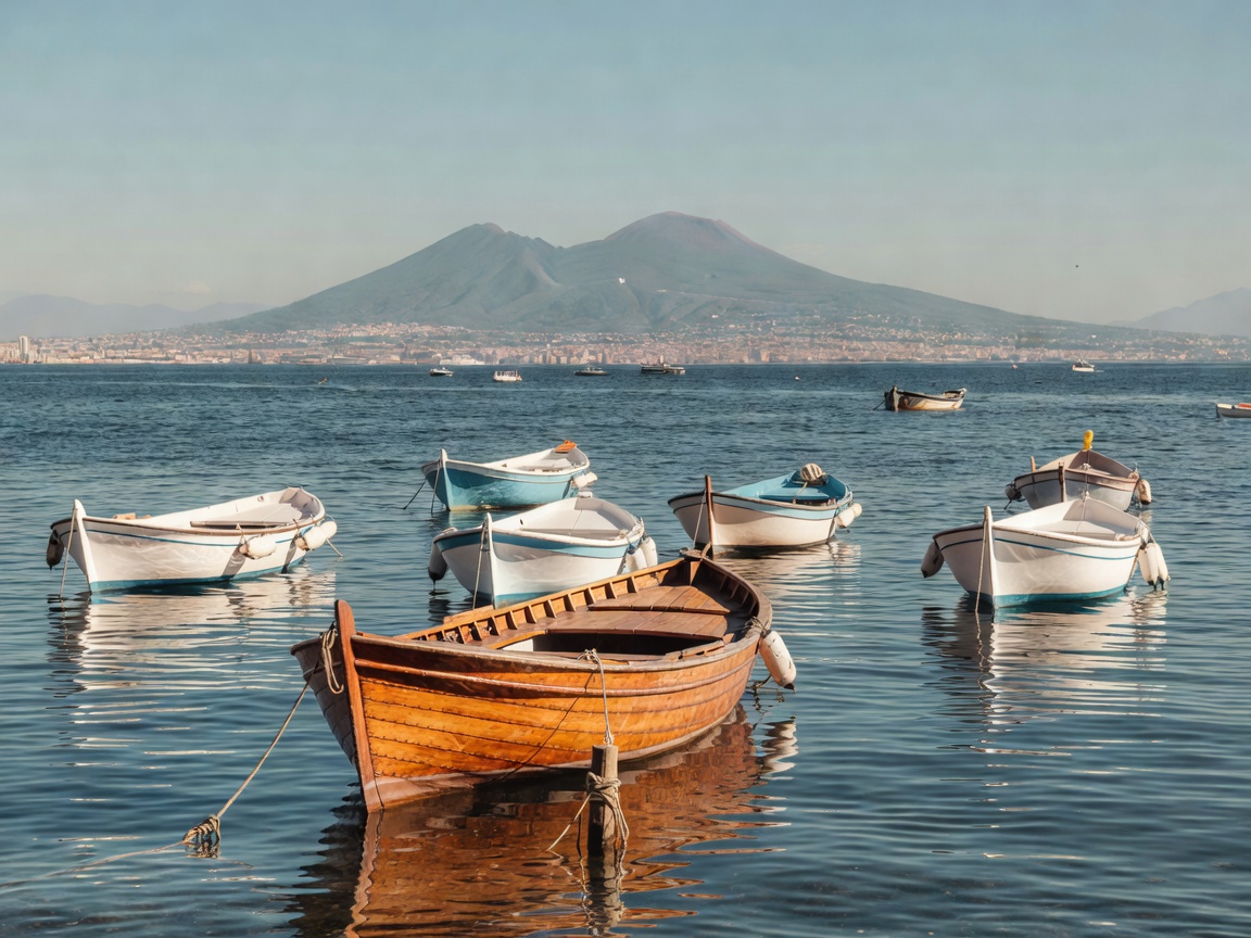 Open day boats and a traditional gozzo moored in the Gulf of Naples with Vesuvius in the distance