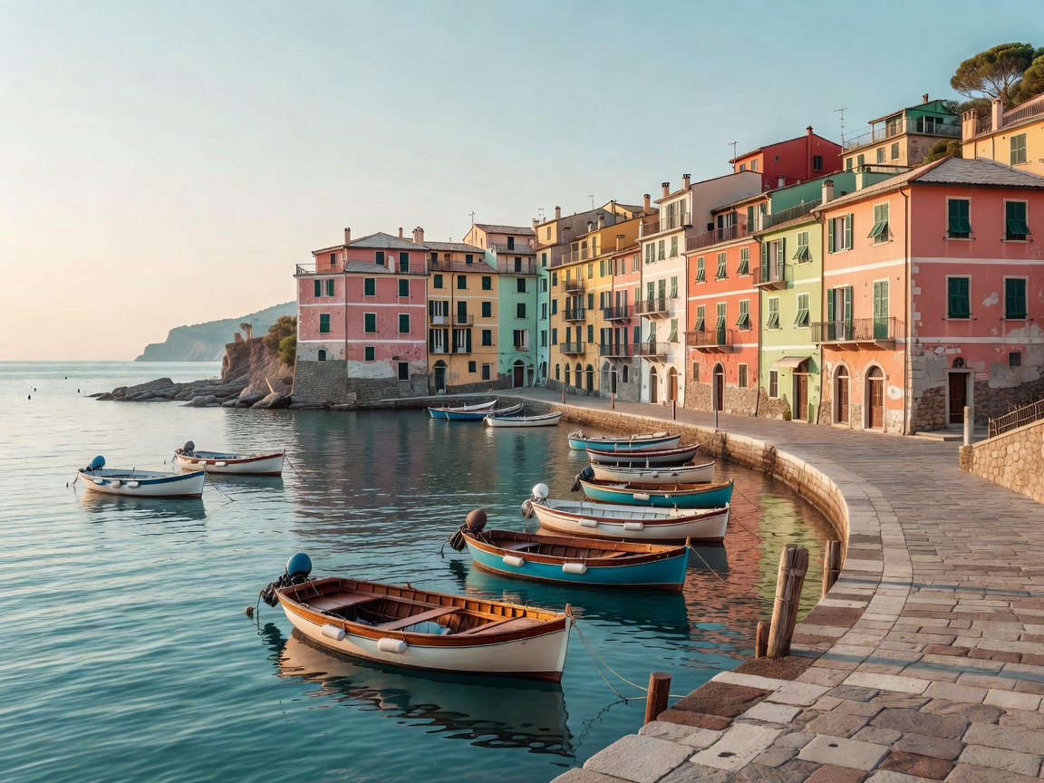 Pastel-painted Ligurian harbour town with small motor boats and wooden gozzi at their moorings